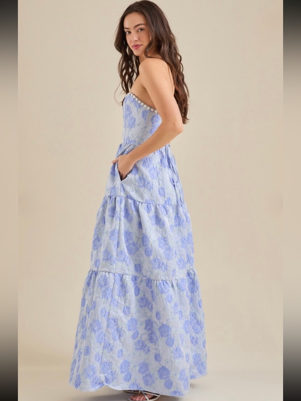 NWT Beautiful Altar'd State Skye Blue Jacquard Floral Maxi Dress Size Medium - Picture 2 of 15